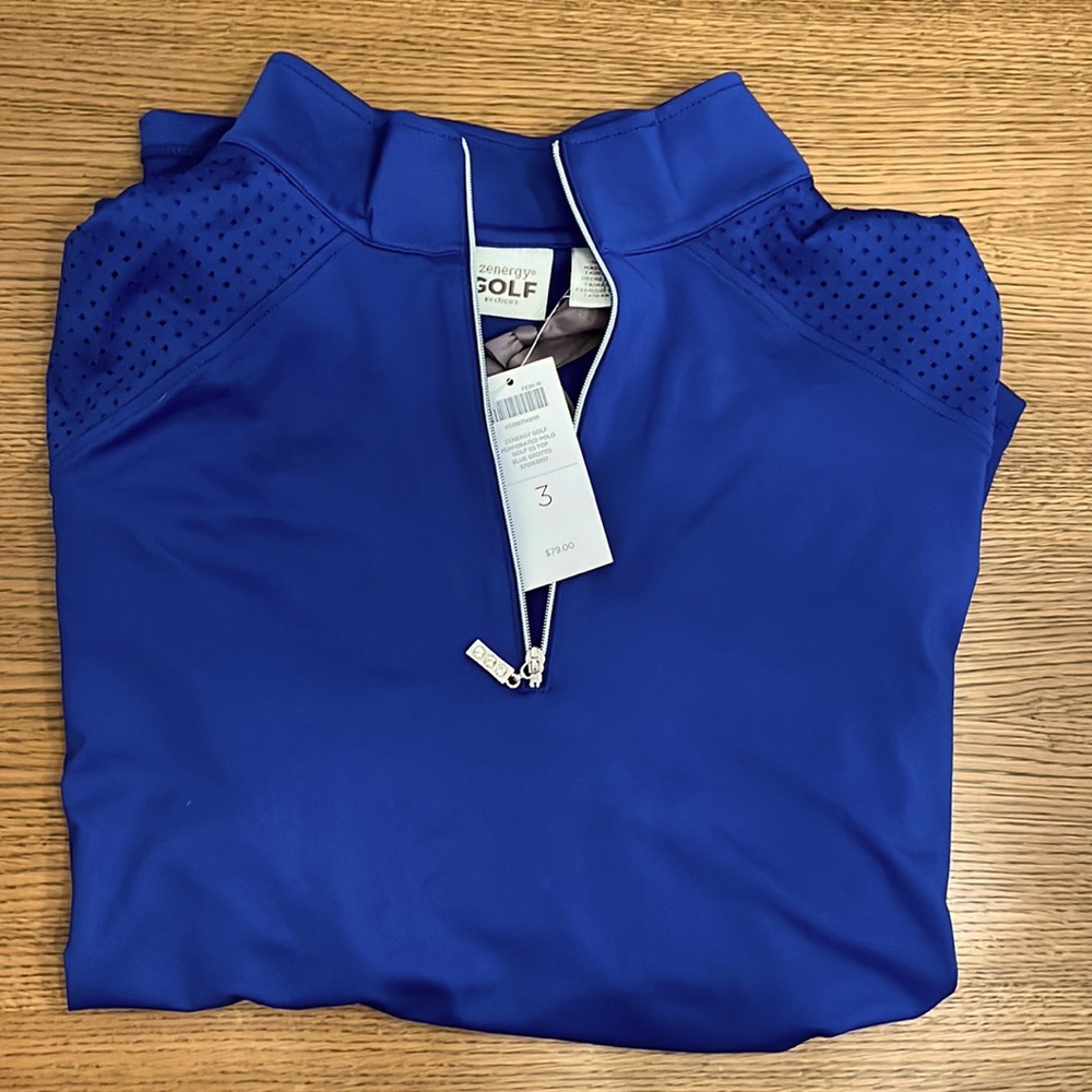Chico’s Women’s Large Royal Blue Short Sleeve Mesh Yoke Zip Front Golf Shirt